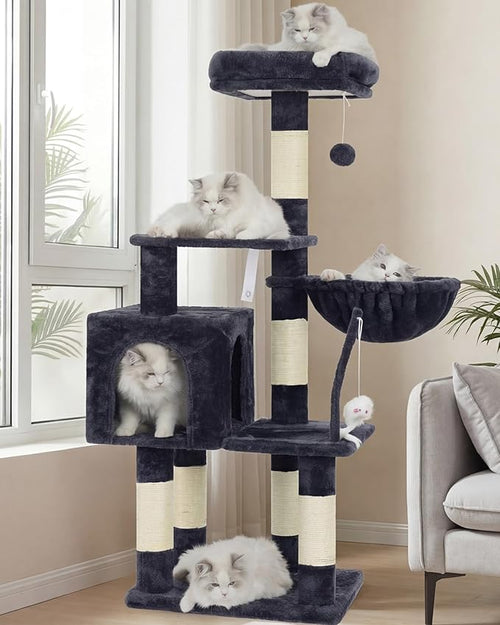 Tree with Toy, Cat Tower Condo for Indoor Cats, Cat House with Padded Plush Perch, Cozy Hammock and Sisal Scratching Posts, Smoky Gray HCT004SG